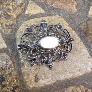 Vintage Darkened Sterling Silver and Flat Mother of Pearl Marcasite Brooch Pin